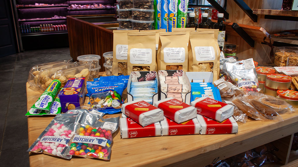 A table of sourdough crackers, biscuits and sweets