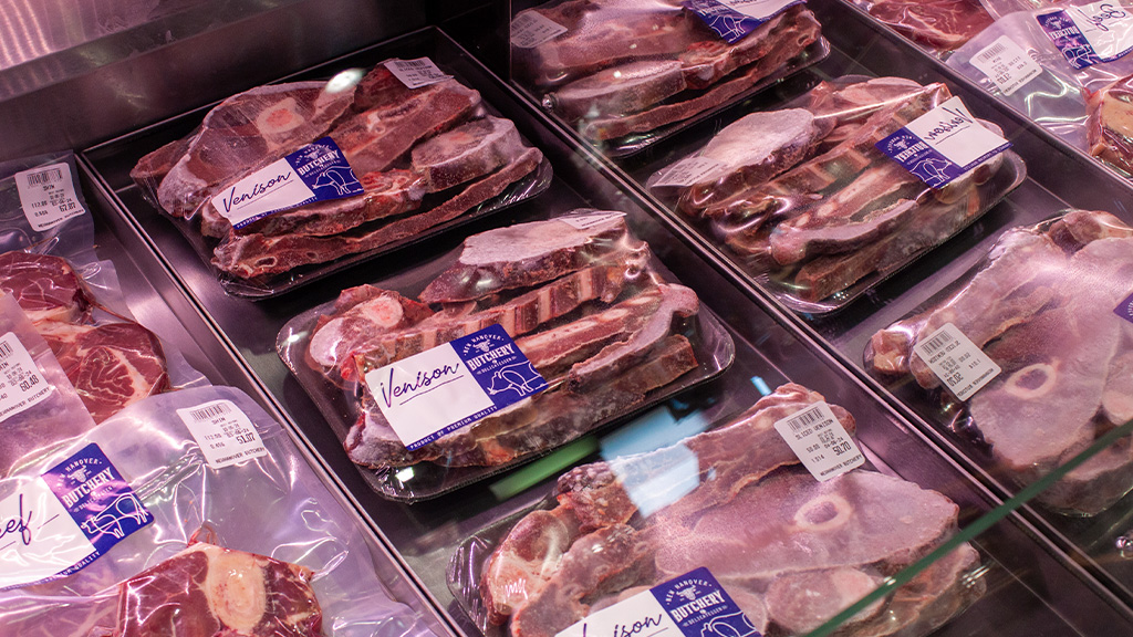 Packed venison cuts in the butchery display fridge